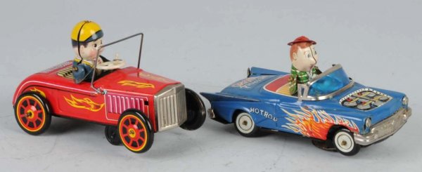 Lot of 2: Tin Hot Rod Crank-Friction Toys.: Japanese. Working. Both with tin drivers. Some minor scratching throughout. Each: 6 - 1/2" L.