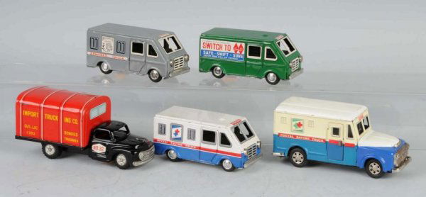 Lot of 5: Tin Van Friction Toys.: Japanese. Working. Includes two Mail Trucks, two moving vans, and one armored truck. Largest: 7" L.