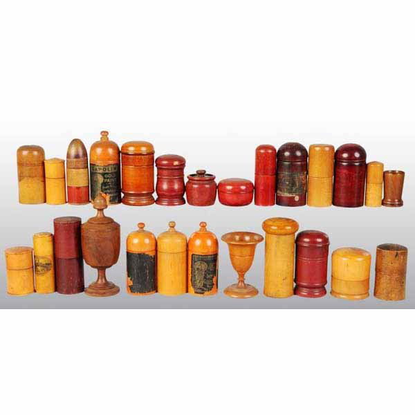 Lot of 25: Pieces of Early Treen Wooden Ware.: Several beehive forms, several banks, and many lidded. Largest: 6 - 1/2" T.