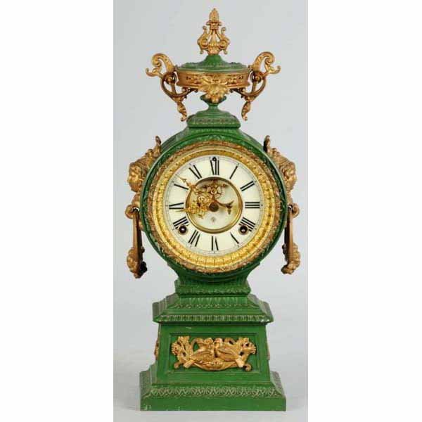 Metal Ansonia Time & Strike Clock.: Pendulum present. 18" T.