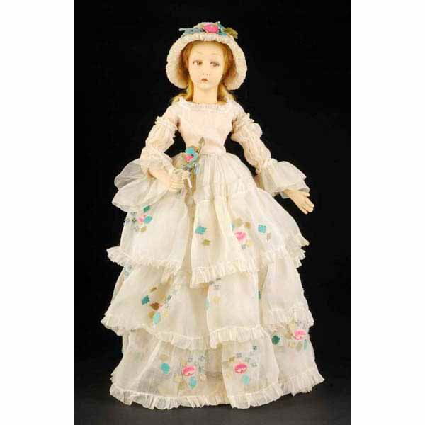 Rare and Lovely Lenci Boudoir Lady Doll.: All original. Italy, Ca. 1920s. Totally factory original lady with long limbs, wearing white organdy dress with ruffles and applied flower decoration, matching hat with matching flowers, matching unde