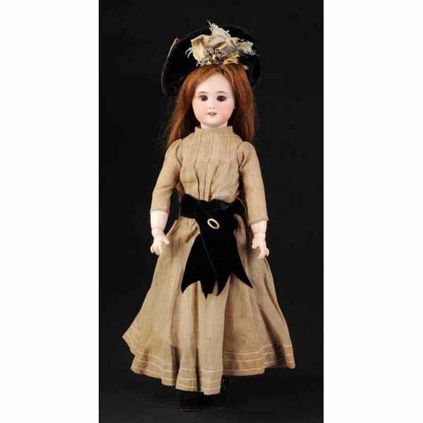 Rare Bisque Head Jumeau DEP Lady Doll.: France/Germany, Ca. 1910. Perfect bisque socket head (light specking) incised DEP with Tete Jumeau red stamp. Brown lashed sleeping eyes, molded multistroked eyebrows, painted lower eyelashes, open mo
