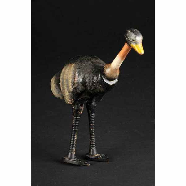 Schoenhut All Wood Ostrich.: American, Ca. 1903. Part of the Schoenhut Humpty Dumpty Circus Set. Original parts, painted eyes, repair and repaint to neck, other paint wear. 8" T.