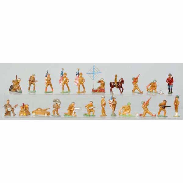 Lot of Dimestore Toy Soldiers.: Consists of 22 higher-grade Barclay, Manoil, and Grey Iron toy soldiers. Includes rare Barclay two-man raft, Manoil banjo player, Manoil digging soldier, and Manoil hollow-base flag bearer.
