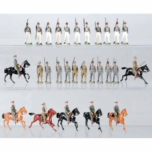 Lot of Britains Toy Soldiers.: Consists of pre and post-war West Point Cadet sets, post-war set No. 229 US Cavalry, and various other mounted and foot figures. West Point sets are mismatched while set No. 229 is matched and complet