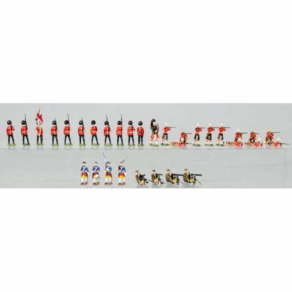 Lot of Britains & Mignot Toy Soldiers.: 36 pieces total. Includes pre and post-war Britains No. 2025 Cameron Highlanders Firing, post-war Britains Scots Guard Color Party missing on ensign, complete post-war Britains Scots Guards marching w