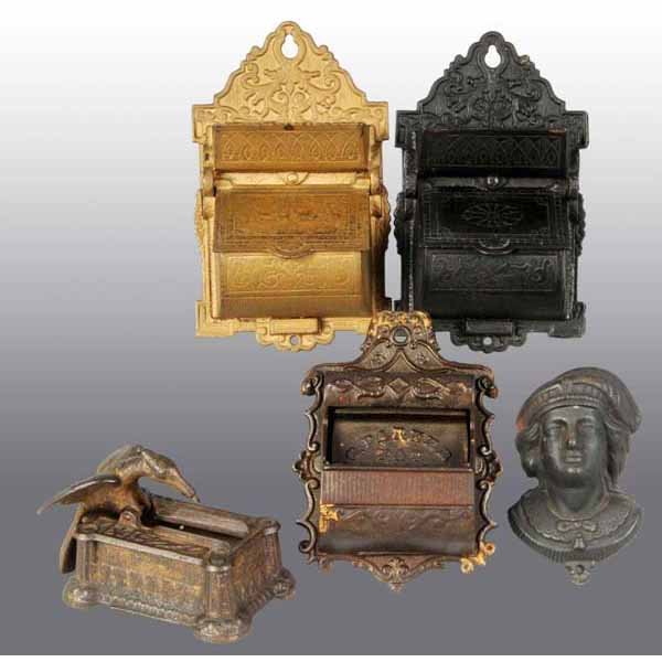 Lot of 5: Cast Iron Match Holders.: Includes three wall mounted holders, one advertising J.H. Hartke Hardware, one advertising Parker dated 1870 and a bird match retriever. Largest: 6 - 1/2" T.