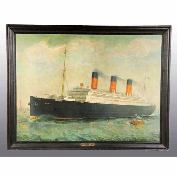 Lithographed Tin "Berengaria" Steamship Sign.: 1912. By F. Bishop. Former German ship, the "Imperator". Ship was surrendered by Germany after World War I as war reparations. In wooden frame with nameplate. 33 - 1/4" x 43".