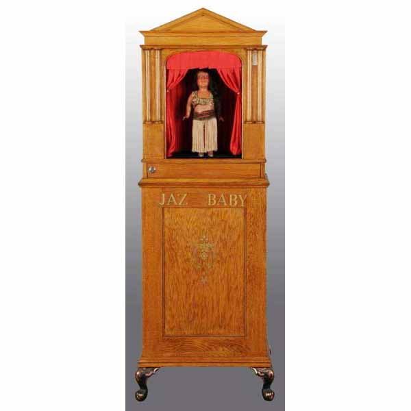 Jazz Baby Arcade Machine.: 1929 to 1933. Exhibit Supply Company. When coin is deposited stage becomes illuminates as the hula dancer performs and dances. 67" x 23" x 16".