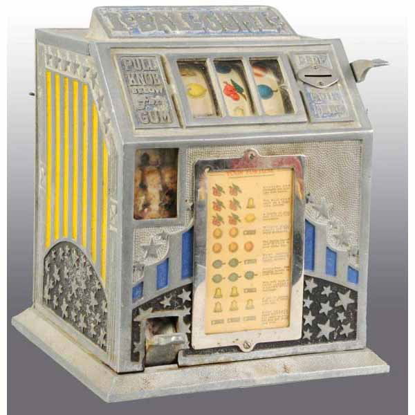 One-Cent Coin-Op Gum Ball Slot Machine.: Includes gum dispenser. All original. Works well. Gum balls have deteriorated in holder. 10 - 1/2" x 9 - 1/2" x 9 - 1/2".