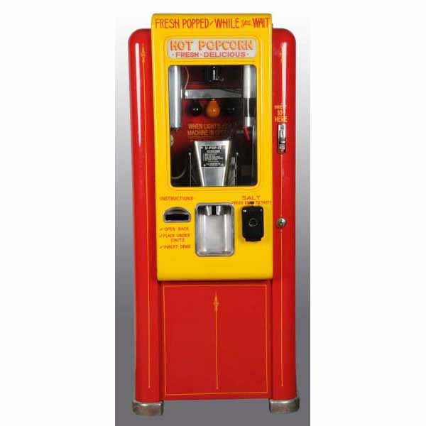 1950s U-Pop-It Popcorn Machine.: Deposit ten cents and receive hot popcorn through the viewing window. Beautifully restored in bright enameled colors. Appears to be functional and in working order. 63" x 26" x 14".