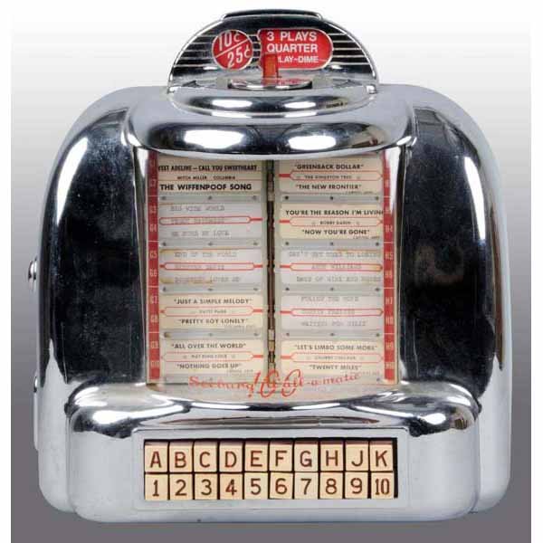Seeburg Wall O Matic 100 Juke Box.: Booth mount with original 1950s tunes. Three plays for 25-cents. Key is present. 12 - 1/2" T.