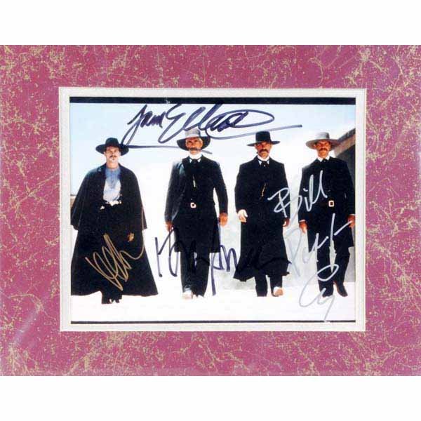 Tombstone Photo with Autographs.: Nice mint display item from scene in cult movie "Tombstone". Many agree this ranks as one of the top western films with an all star cast. The four major movie stars of this film signed the photo in la