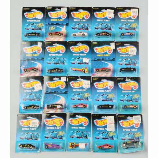 Lot of 20: Mattel Hot Wheels Speed Fleet Vehicles: Includes Hot Bird, 1980s Corvette, Nissan 300ZX, Camaro Z-28s, etc. Mint on cards, four bubbles have yellowing and cards have creasing.
