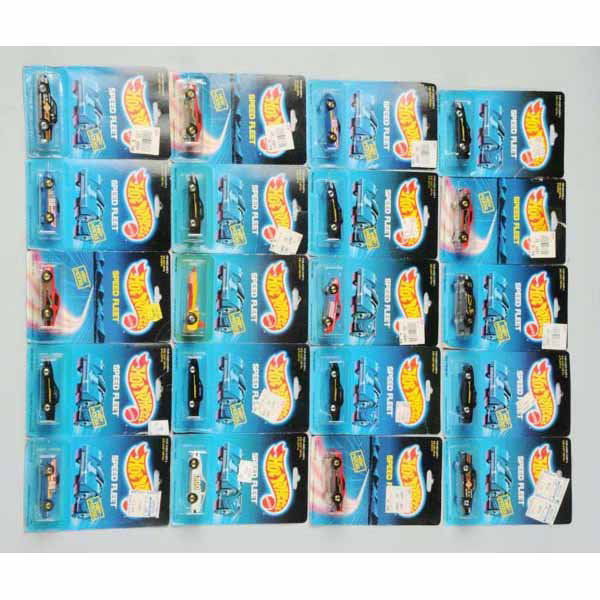 Lot of 20: Mattel Hot Wheels Speed Fleet Vehicles: Includes Nissan 300ZX, Camaro Z-28, Tri-Car X8, and others. Mint in packages, a few bubbles with yellowing and creasing to cards.