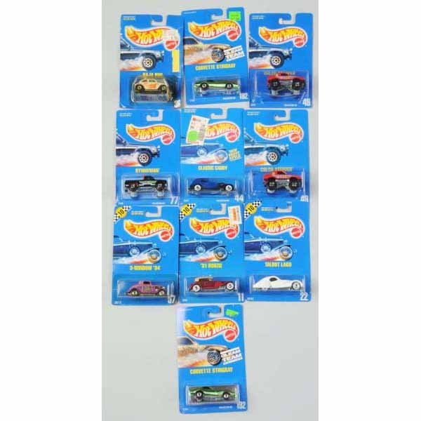 Lot of 10: Mattel Hot Wheels Blue Card Vehicles.: Includes no. 192 Corvette Sting Ray, no. 22 Talbot Lago, no. 49 Gulch Stepper, no. 44 Classic Caddy, and others. Mint on cards, some with waviness and wear.