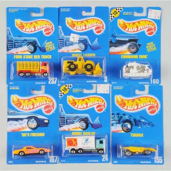 Lot of 30: Mattel Hot Wheels Blue Card Vehicles.: Includes no. 11 1931 Doozie, no. 44 Classic Caddy, no. 65 VW Bug, and others. Mint on cards, some waviness throughout. Not all pictured.