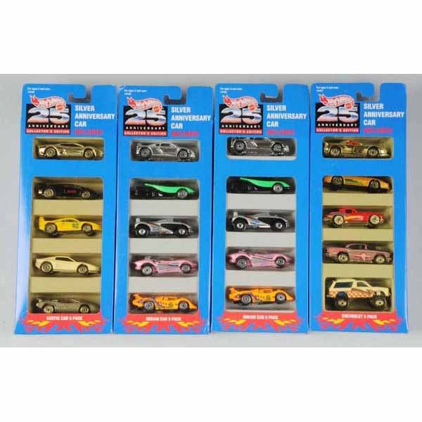 Lot of 25: Mattel Hot Wheels 25th Annv. Car Sets.: Includes Dream Cars, Exotic Cars, Chevys, Corvettes, etc. Mint in original boxes, some with wear. Not all pictured.