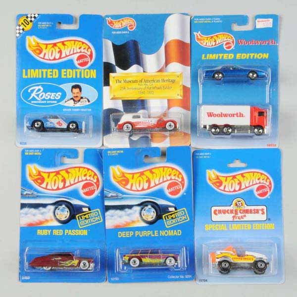 Lot of 38: Mattel Hot Wheels Limited Edition Cars: Includes 12 Rose's Discount Store cars, ten Woolworth Limited Edition two-car sets, and others. Mint on cards, some with wear. Not all pictured.