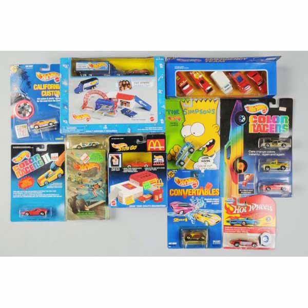 Lot of 19: Miscellaneous Mattel Hot Wheels Cars.: Includes Racers five-car pack, Emergency Team five-car pack, Gas Station play set, one three-pack of Color Racers, one Hot Wheels tape with car, two 25th Anniversary McDonalds cars, five California Cu
