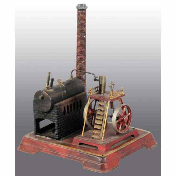Doll No. 335 Horizontal Boiler with Ships Engine.: Oscillating ships or marine engine with ladder to engine catwalk. Double flywheels, whistle, safety valve, flyball governor and faux brick chimney. Very colorful base. Some heat damage to the paint on