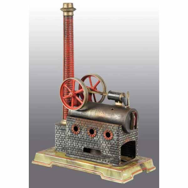 Falk Overtype Steam Engine.: Double flywheel, stationary engine, waterglass, whistle, and faux brick chimney and boiler stand. Missing its safety valve. 14 - 3/4" x 10".