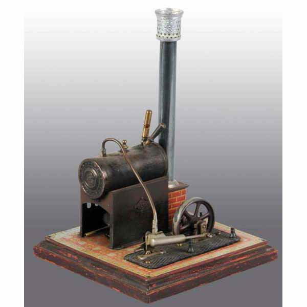 Bing No. 130/231 Horizontal Steam Engine.: This engine was sold by Sears Roebuck in 1912 for $1.89. It has a wood base covered with a faux tile metal floor. The oscillating cylinder has a reversing lever. It has a Bing name plate on the boiler