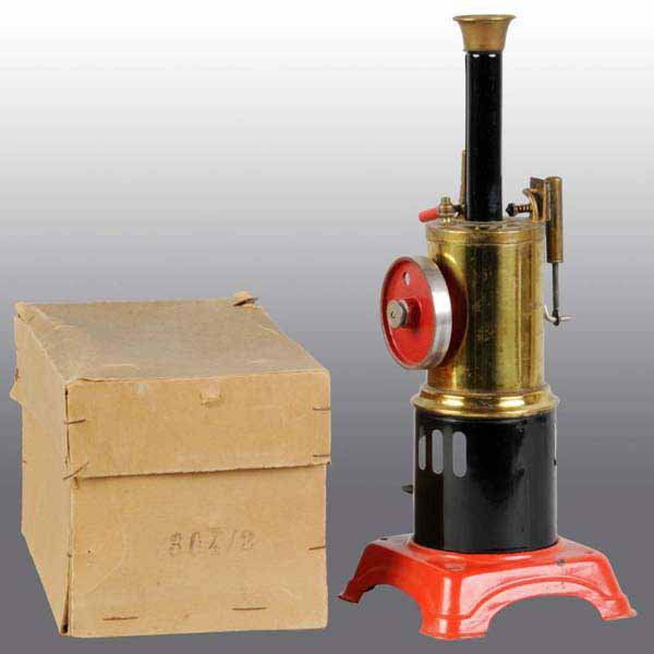 Doll No. 304/2 Vertical Steam Engine.: Unique original solid flywheel. In its original cardboard box. 10 - 1/2" T.