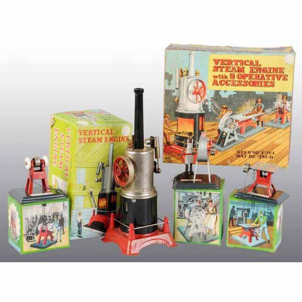 Marx Vertical Steam Engine and Accessories.: Each of the three accessories and the engine have their own box. These boxes then fit into the large box.
