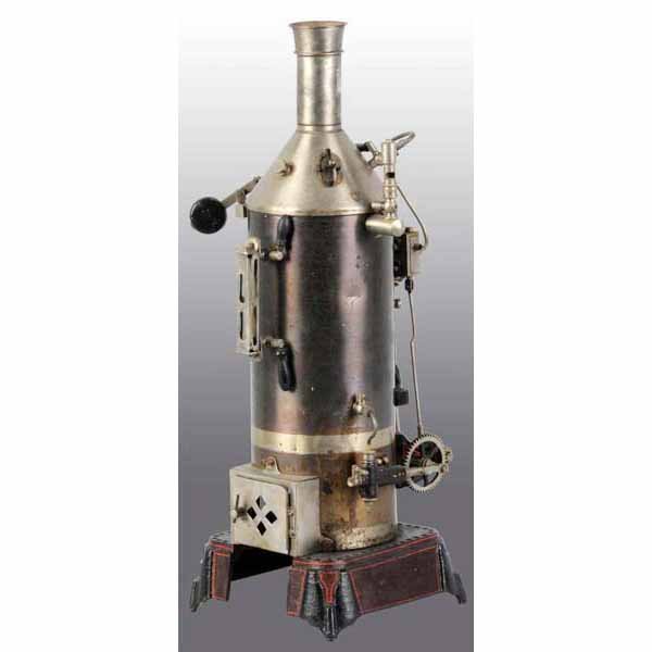 Doll Vertical Steam Engine.: This large engine includes a whistle, weighted safety valve, a steam line valve, a protected waterglass, a feed water pump, and a stationary cylinder. It has a small dent in one side of the boiler. Th