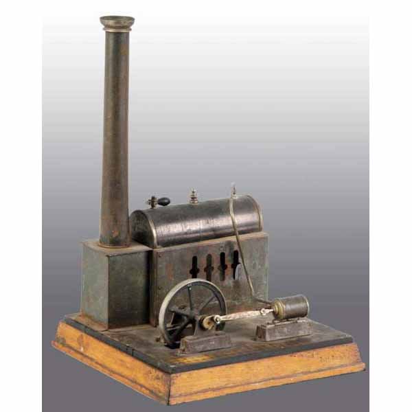 Schoenner Horizontal Steam Engine.: Ca. 1900. Includes a wood base with faux tile sheet metal floor (worn and dirty), a stationary cylinder, a safety valve and a whistle with its top missing. 13 - 1/2" x 8 - 1/2".