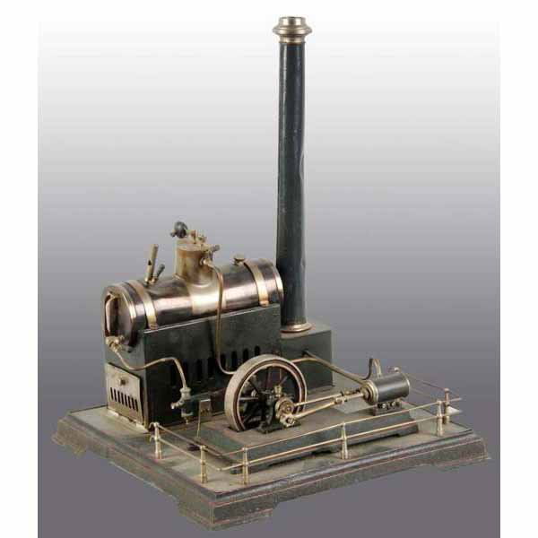 Schoenner Horizontal Steam Engine.: Engine includes a waterglass, whistle, weighted safety valve mounted on a steam dome, a feedwater pump, a stationary cylinder and a guard rail around the engine stand. The top of the boiler has a smal