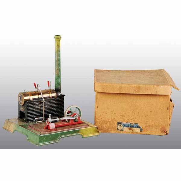 Marklin No. 4097/5 Horizontal Steam Engine.: Made ca. 1950s. With waterglass, safety valve, steam line valve, whistle, steam chest oiler, a faux brick boiler mount and chimney, and a stationary cylinder. In its original cardboard box. Box is fai