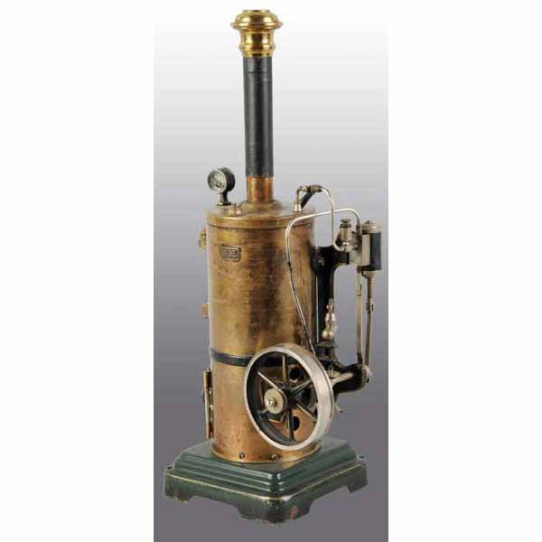 Marklin No. 4117/10 Vertical Steam Engine.: Ca. 1932. This is another grand Marklin engine. Includes a pressure gauge, stationary double working cylinder, steam line valve and oil cup, flyball governor, waterglass, and a very nice name plate on