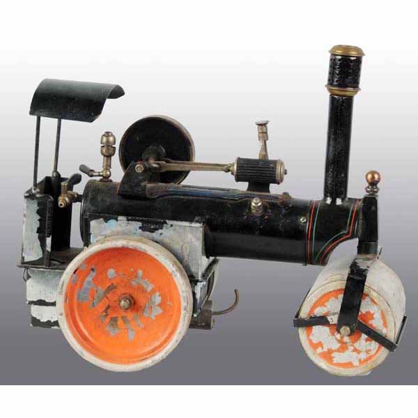 Doll No. 505 Traction Engine Street Roller.: The roller includes a whistle, drain cock, steam line oil cup, a safety valve and a stationary cylinder. The smokestack is of the period but not original to this engine. The canopy has been cut short.