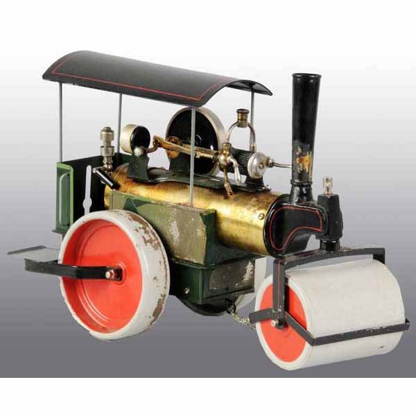Fleischmann No. 155/2 Steam Roller.: This large roller is complete with pressure gauge, whistle, stationary cylinder, steam line oil cup, safety valve and original smokestack. There is some paint loss with some tarnishing to the boiler. 