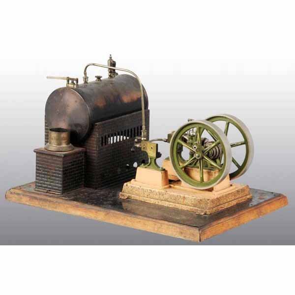 Bing "Duplex" No. 6101 Horizontal Steam Engine.: Double cylinder. This engine was made ca. 1902. It is fairly hard to find. It includes the weighted safety (weight is missing), a safety valve, an interesting whistle, a steam line valve, a swinging f