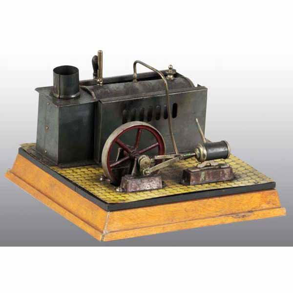 German Made Horizontal Steam Engine.: Boiler includes a whistle and a safety valve. The stationary cylinder engine is mounted on raised bases over a faux tile metal floor, all mounted on an original wood base. Missing chimney. 5" x 8".