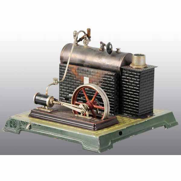 Bing NO. 10/16/4 Horizontal Steam Engine.: The engine includes a whistle, a steam throttle valve, a steam line oiler, a weighted safety, and a stationary cylinder over a faux tile base. Missing stack. 7" x 10 - 1/4".