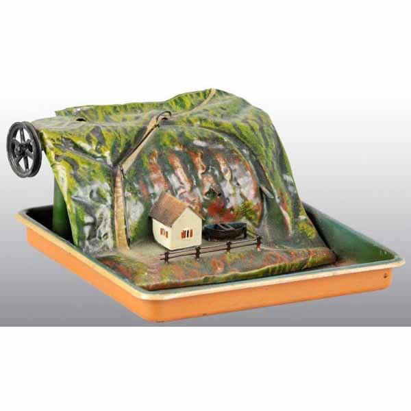 Marklin No. 4352 Basin and House Steam Toy.: House sits at the base of a mountain. Hook up your steam engine and pump water from the reservoir to the top of the mountain, creating a stream and waterfall. 3 - 3/4" x 7 - 1/4".