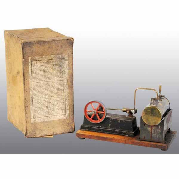 Carette Horizontal Steam Engine in Original Box.: This is one of the very few horizontal engines made by Carette. Very simply made to sell for a very low price. Includes an oscillating cylinder and a whistle. The smokestack is missing. The steam line