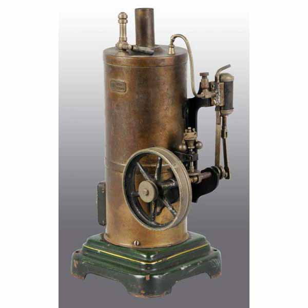 Marklin No. 4117 Vertical Steam Engine.: Ca. 1932 to ca. 1934. This engine includes a whistle, steam line oiler, stationary cylinder, a flyball governor and a Marklin name plate on the boiler. Missing chimney. 11 - 1/2" x 5".