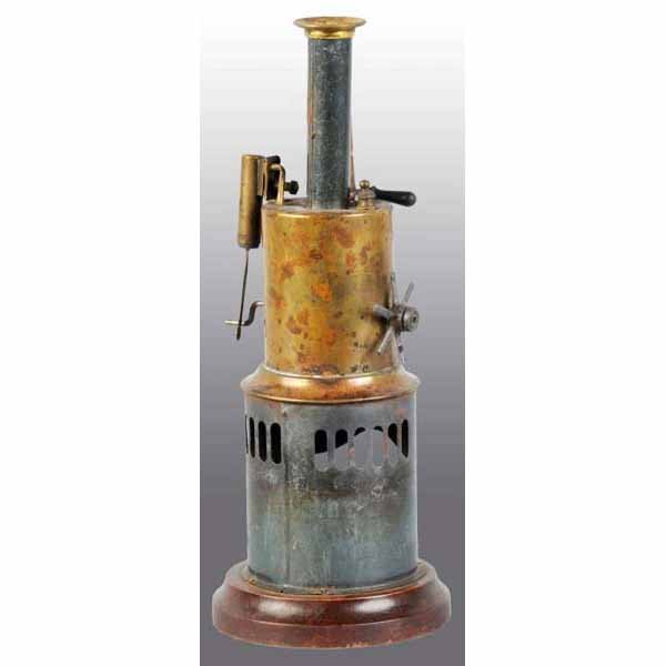 Bing No. 8086 Vertical Steam Engine.: Ca. 1895 to 1909. It was sold by Sears Roebuck for 98 cents. Note the very tall firebox which is unusual. The engine includes an oscillating cylinder attached to a through the boiler crankshaft. It al