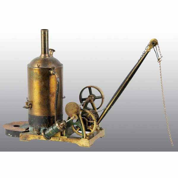 British Made Vertical Donkey Engine.: With steam powered winch. This great model was probably made by Clyde Model Dockyard. The model is mostly made of brass. The winch can be made to work the chain on the crane arm. The model includes a