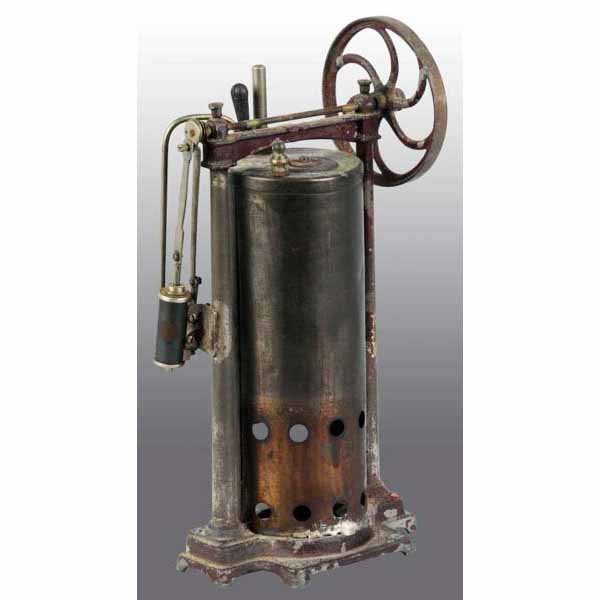 Carette Vertical Steam Engine.: With side engine supports. Sold by Sears Roebuck in 1895 for $1.69 and in 1915 for $1.98. The engine includes a whistle, a safety valve, oil cups and a stationary engine. Missing smokestack. 9" T.