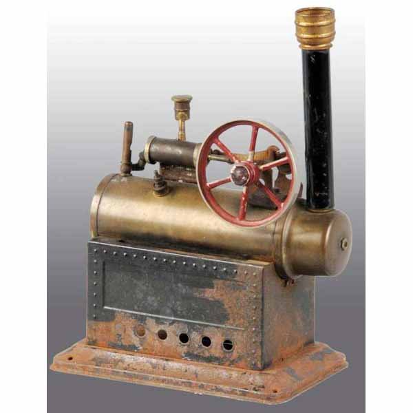 Bing Overtype Steam Engine.: Engine includes its original smokestack, a whistle, a safety valve, a steam line oil cup with cover, and a stationary cylinder. Some paint loss and resulting surface rust to the firebox and base. 8 - 