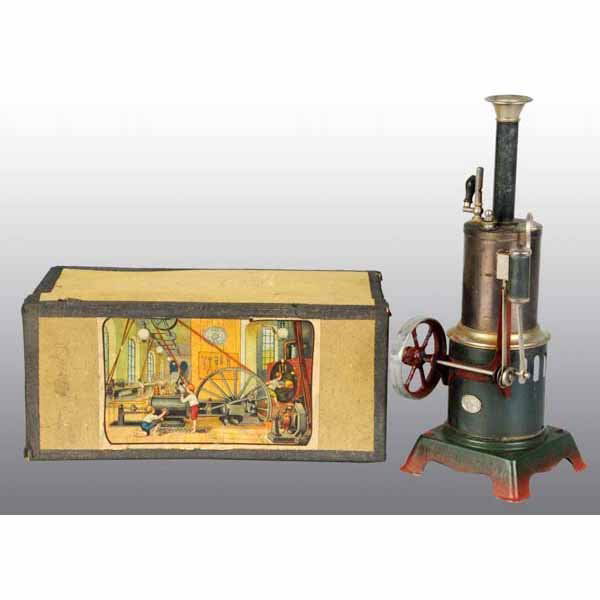 E.P. Vertical Steam Engine Toy.: German. Earnest Plank. Includes burners and original stack. Nice plate on front with wings and marked "E.P.". Includes original box with beautiful color label. 10" T.