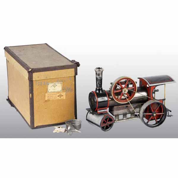 Bing No. 7266 "Zeus" Steam Roller.: This live steam roller comes in its original box. Beautiful oxidized boiler finish. The box has original Bing stickers. Includes extra wicks, a funnel and a pan. This was made circa 1906 at a time tha