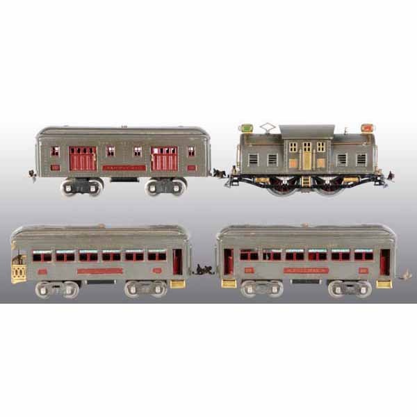 Lionel Pre-War Standard Gauge No. 352E Train.: Set includes No. 10E locomotive, passenger cars No. 332 baggage, No. 339 pullman and No. 341 observation. All gray with maroon trim. Set shows minor wear overall. Needs cleaning. Includes boxes.