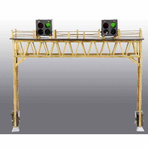 Handmade Train Signal Bridge.: Comes from an elaborate large scale train display. Beautifully constructed out of thick, heavy brass, with a bakelite platform on top. Signal lights have stained glass. Item is electrically operated.